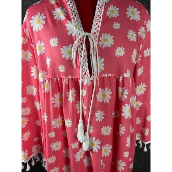Pink W/Daisy Print Summer Dress Sz Large Baby Doll Bell Sleeves Beach Cover - Picture 2 of 6